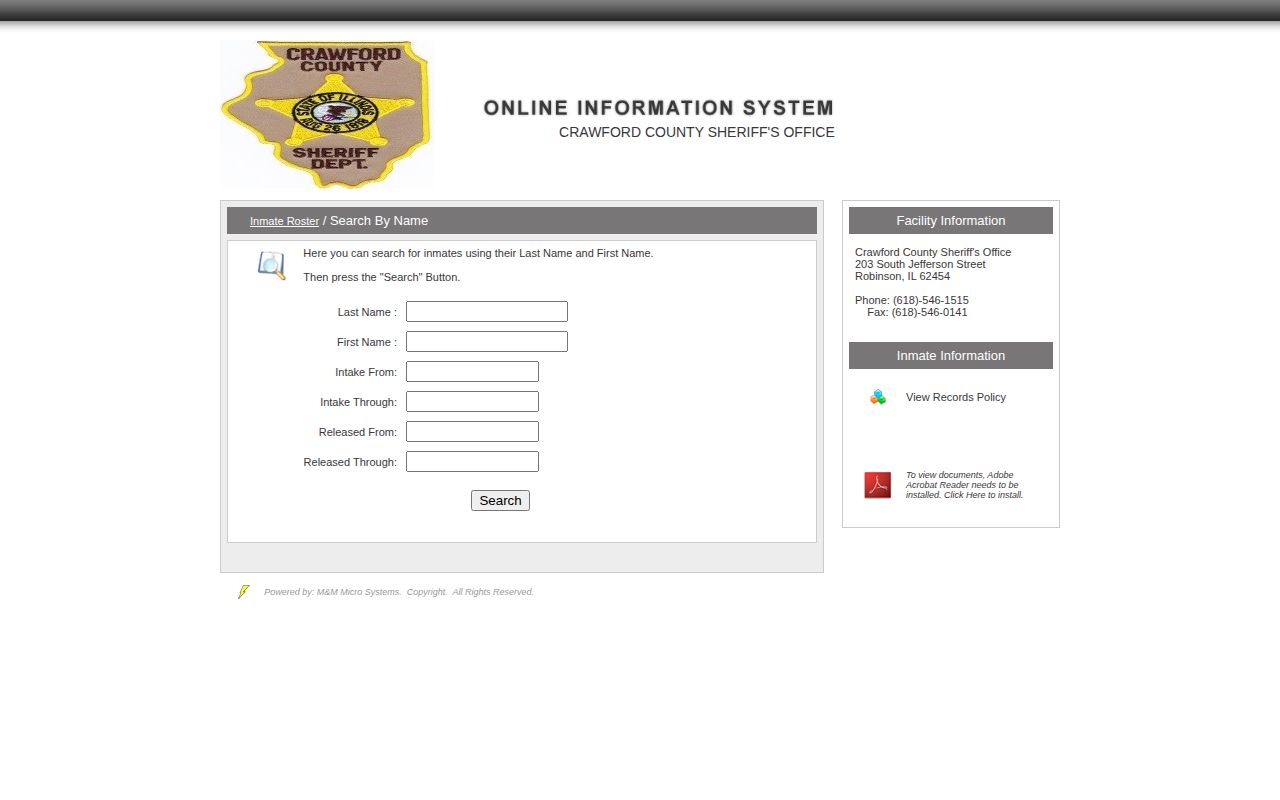 Crawford County jail exact search form with name and intake or release date fields