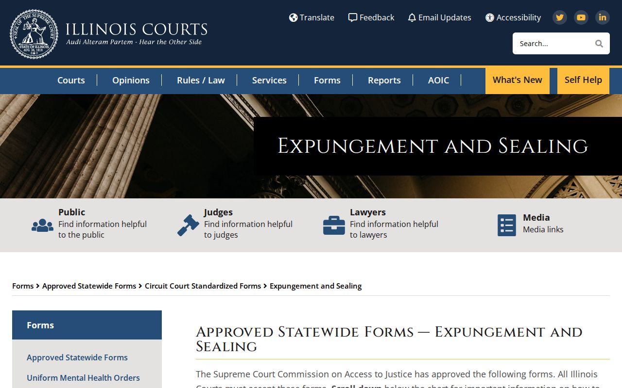 Illinois Courts expungement and sealing standardized forms page
