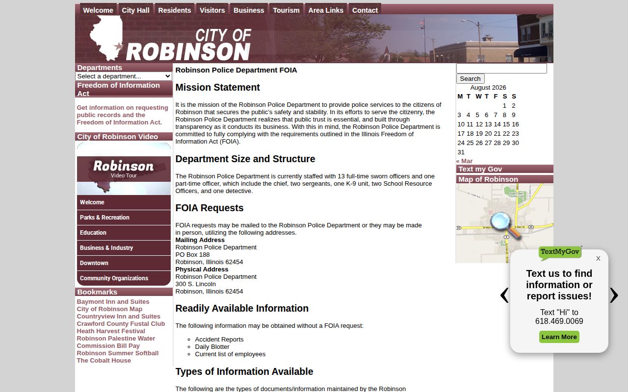 Robinson Police FOIA page for Crawford County police records
